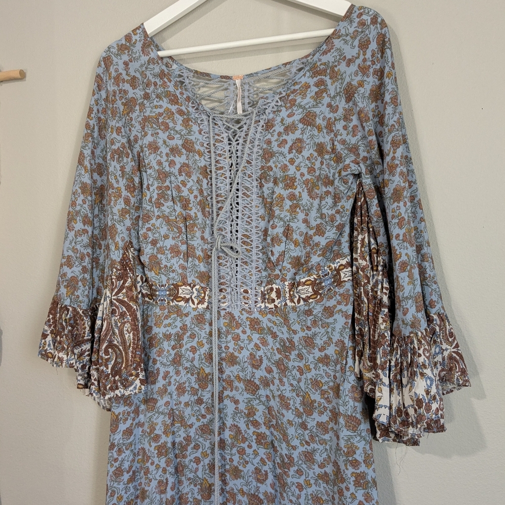 Free People All Mixed Up Lace Up Flare Sleeve Ruffle Hem Maxi Boho Dress 6 - Picture 8 of 15